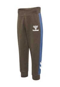 Bruna joggerbyxor i mjukt material, med en blå sidremsa, vit logotyp, ribbad midja och elastiska ärmslut.