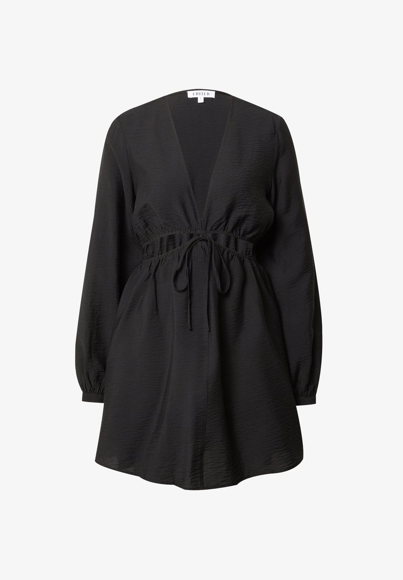 Robe noire à manches longues, décolleté en V profond, taille cintrée, fabriquée en tissu texturé. Présente un détail de nouage à la taille et une jupe évasée.