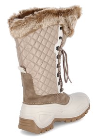 Gepolstertes, beiges, synthetisches Obermaterial-Boot mit Kunstfellbesatz, Schnürverschluss und einer klobigen, weißen Gummisohle mit strukturiertem Profilmuster.