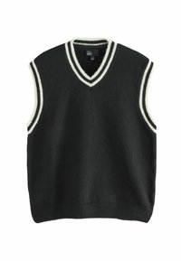 Schwarzer ärmelloser Pullover mit tiefem V-Ausschnitt und weißen gestreiften Akzenten entlang des Ausschnitts und der Armlöcher. Weicher Stoff, lässiges Design.