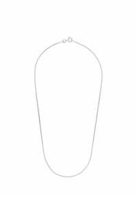 Collana in catena metallica argentata con un design liscio e flessibile, dotata di un fermaglio arrotondato, lunga circa 45 cm.