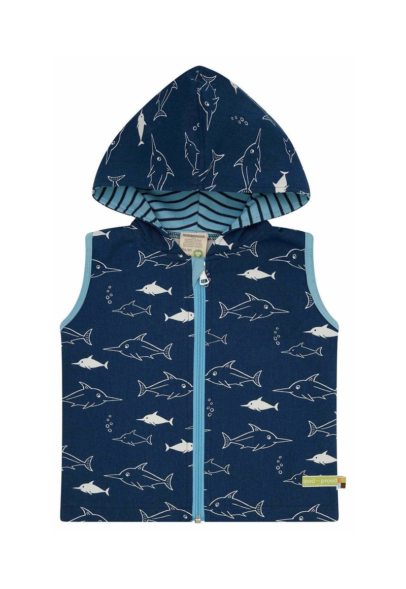 Ärmellose Kapuzenweste in Marineblau mit weißem Haifischmuster, kontrastierendem hellblauem Reißverschluss und gestreiftem Innenfutter. Aus Baumwollmaterial.