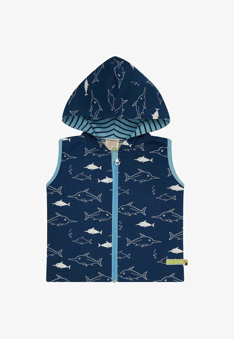 Ärmellose Kapuzenweste in Marineblau mit weißem Haifischmuster, kontrastierendem hellblauem Reißverschluss und gestreiftem Innenfutter. Aus Baumwollmaterial.