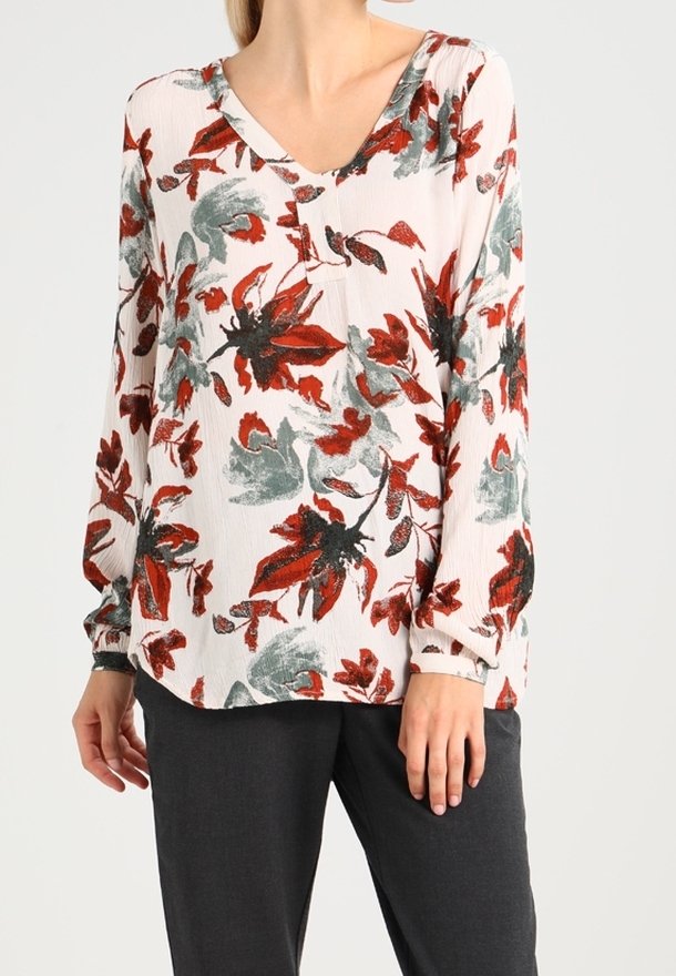 Long-sleeve blouse in light fabric, featuring a V-neck and a floral pattern with red, green, and black accents on a white background.