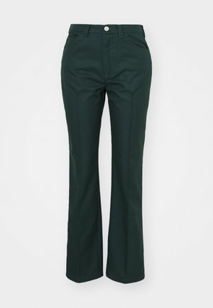 Green, flared trousers made of a smooth, structured fabric. Features a front button closure, belt loops, and two side pockets.
