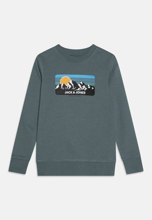 Ciemnozielona bluza z długim rękawem z grafiką góry, słońcem, niebieskimi paskami nieba i napisem "JACK & JONES WORLD EXPLORER" na piersi.