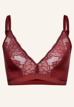 Bordeaux-Bralette mit Spitze, verstellbaren Trägern und einem glatten Unterband. Das Design kombiniert florale Muster mit einer weichen Textur.
