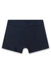 Marineblaue Baumwoll-Boxershorts mit einem glatten Bund, ausgestattet mit einem Frontbeutel und gerade geschnittenen Beinen. Weiche Textur, schlichtes Design.