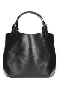 Borsa a tracolla in pelle nera con una texture liscia, forma strutturata e doppi manici. Presenta dettagli in hardware argentato e cuciture decorative.