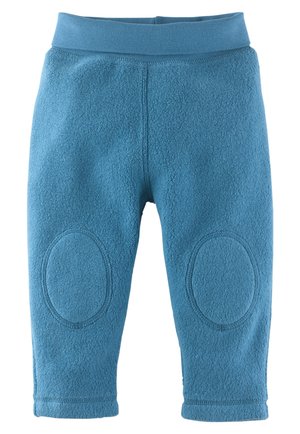Blauwe fleece broek voor peuters met elastische tailleband en versterkte ovale kniestukken voor duurzaamheid en comfort.