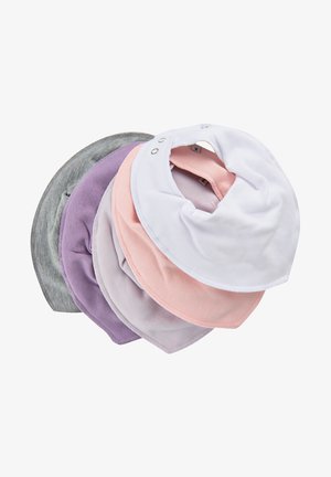 Una pila di cinque bavaglini per neonati in cotone morbido, di colore bianco, rosa, lilla, lavanda e grigio, ciascuno con chiusura a pressione.