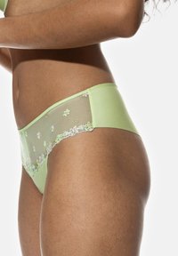 Mutande verde chiaro con pannelli in rete trasparente, decorate con ricami floreali in bianco, giallo e verde lungo l'elastico.