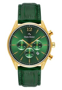 Grüne Chronographuhr mit einem Gehäuse in Goldfarbe, strukturiertem grünen Lederarmband, drei Teilzifferblättern und einer Datumsanzeige um 6 Uhr.