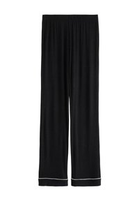 Pantaloni da pigiama neri a vestibilità ampia con vita elastica e dettagli in piping bianco ai polsini, esposti su uno sfondo bianco.