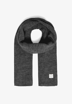Gray knit scarf with a textured finish. Features a white label with brand name. Long, wide shape suitable for wrapping.