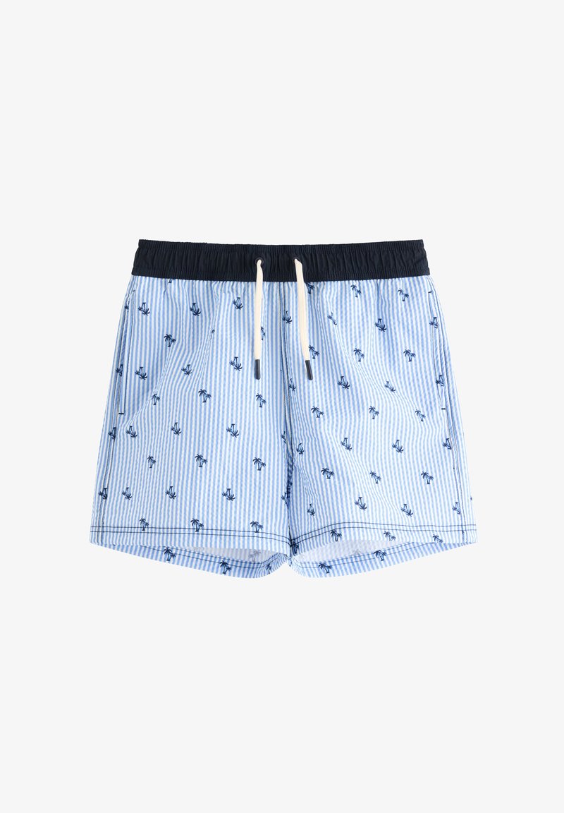 Blaue gestreifte Badeshorts mit schwarzem elastischem Bund, Kordelzug und marineblauen Akzenten. Enthält kleine Anker-Muster im gesamten Stoff.