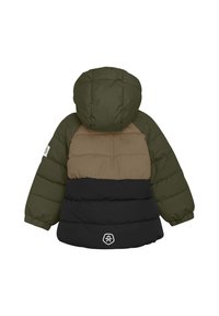 Det vadderade jackan har en huva, en färgblockerad design i olivgrön, beige och svart, med en logotyp patch på den nedre framsidan.