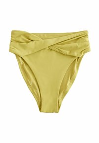 Gelber Schwimmbikini-Unterteil mit einem hoch geschnittenen Design und verdrehtem Frontdetail. Hergestellt aus einem glatten Stoff mit einer weichen Textur.