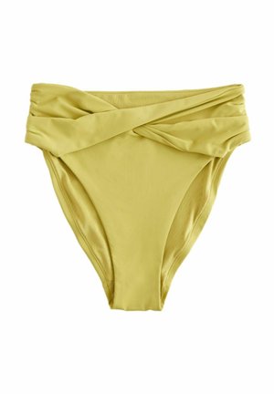 Geel zwem bikini onderstuk met een hoog uitgesneden ontwerp en gedraaide voorkant. Gemaakt van een soepele stof met een zachte textuur.