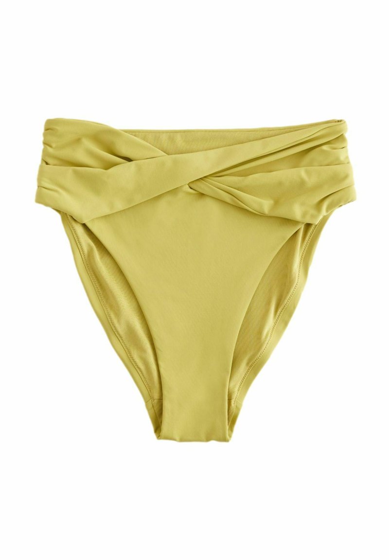 Gelber Schwimmbikini-Unterteil mit einem hoch geschnittenen Design und verdrehtem Frontdetail. Hergestellt aus einem glatten Stoff mit einer weichen Textur.