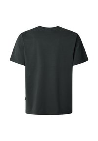 Camiseta de manga corta gris oscuro hecha de algodón, con un clásico cuello redondo y un corte recto. Diseño minimalista sin gráficos visibles.