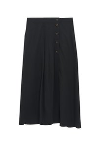 Zwarte midi-rok van zacht materiaal, met een knoopsluiting aan de voorkant, geplooide design en een lichte A-lijn vorm. Gladde textuur zonder patroon.