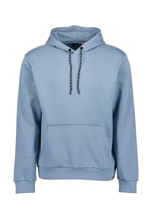 Lichtblauwe pullover hoodie met een voorzak, zwart-witte trekkoorden en geribde manchetten en tailleband.