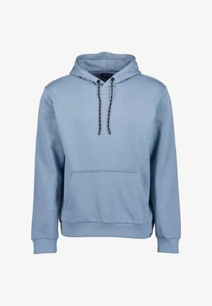 Sweat à capuche bleu clair avec poche kangourou à l'avant, cordons noirs et blancs, et poignets et taille côtelés.