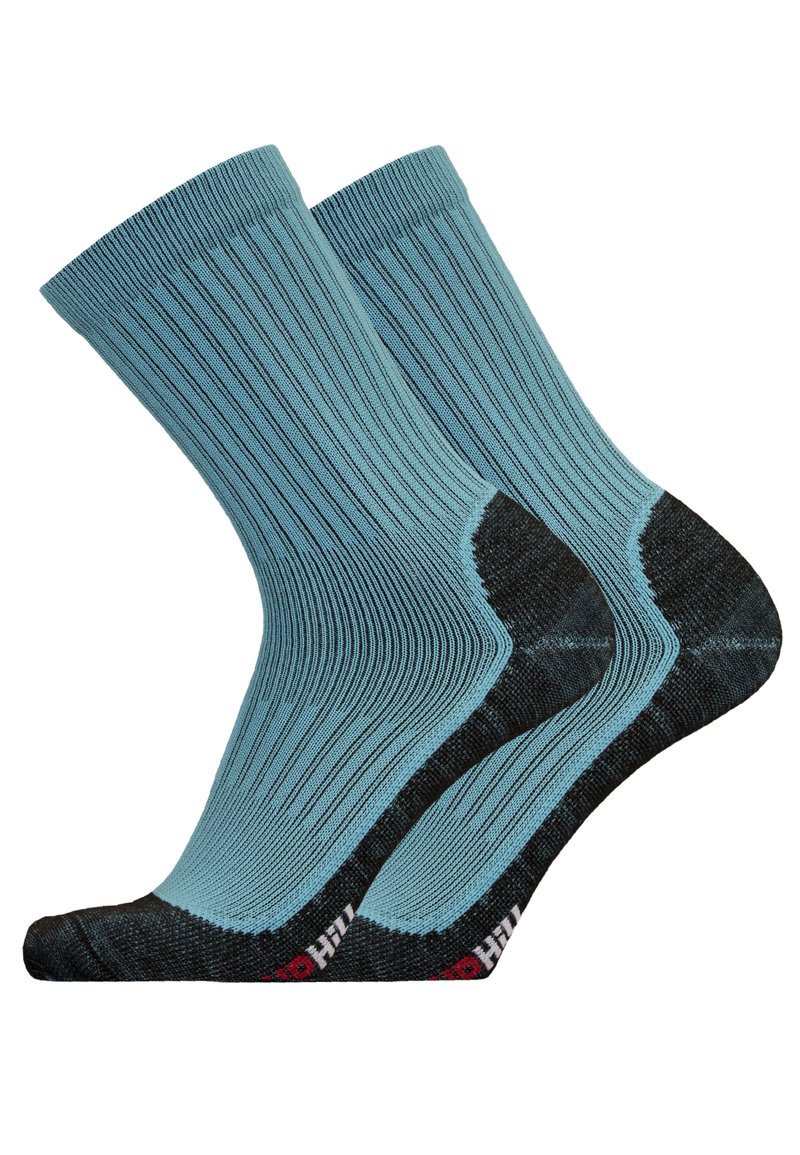 Light blue socks with ribbed texture, black reinforced heel and toe, and red logo detail on the side.
