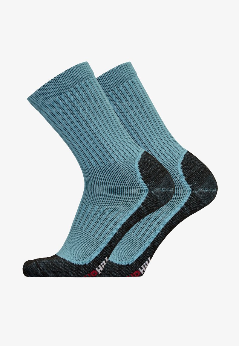 Light blue socks with ribbed texture, black reinforced heel and toe, and red logo detail on the side.