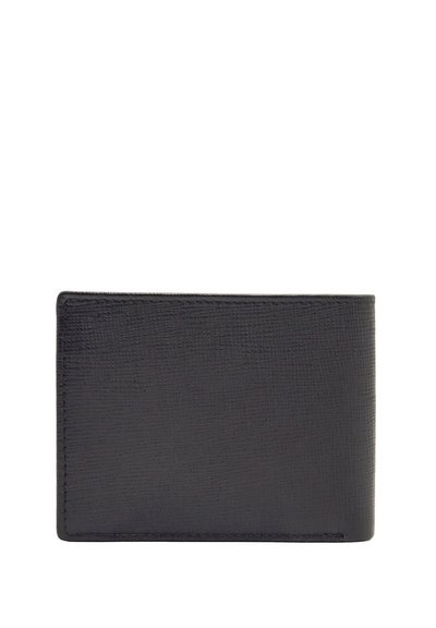 Portafoglio nero con texture, caratterizzato da un design minimalista, forma rettangolare e bordi puliti. Adatto per la conservazione di carte e contante.
