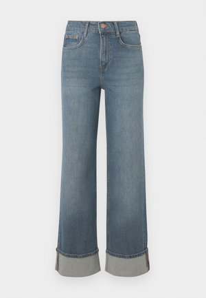 Platā kāju zilie denim džinsi ir ar augstu jostasvietu, ar apkakliem ar pelēku akcentu, piecu kabatu dizainu un priekšējo pogu aizdari.