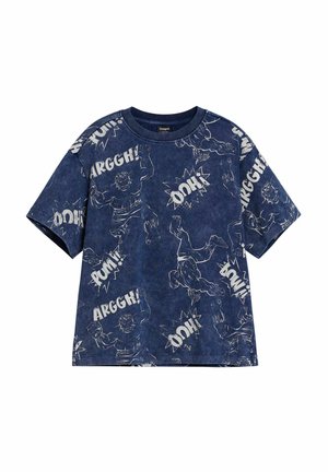 Camiseta de algodón azul marino con mangas cortas que presenta gráficos y texto de estilo cómic en blanco, incluyendo los patrones impresos "¡ARGGGH!" y "¡DOH!".