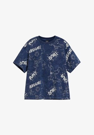 Camiseta de algodón azul marino con mangas cortas que presenta gráficos y texto de estilo cómic en blanco, incluyendo los patrones impresos "¡ARGGGH!" y "¡DOH!".