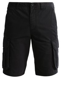 Short cargo noir avec passants de ceinture, bouton devant, fermeture éclair, poches latérales à rabat et ourlet droit longueur genou.