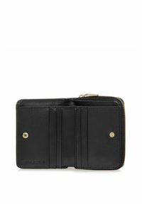 Czarny skórzany portfel z zamknięciem na zamek, wieloma miejscami na karty i mosiężnymi akcentami. Gładka faktura z subtelnym logo.