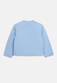 Ανοιχτό μπλε μπουφάν με μακριά μανίκια και καπιτονέ σχέδιο σε σχήμα ρόμβου, λαιμόκοψη crew, απεικονιζόμενο από πίσω σε λευκό φόντο.