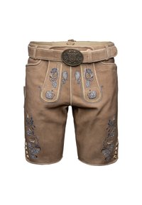 Pantalones cortos de cuero marrón con bordado floral azul, un cinturón decorativo y bolsillos laterales funcionales. Presentan botones en las costuras exteriores de las piernas.