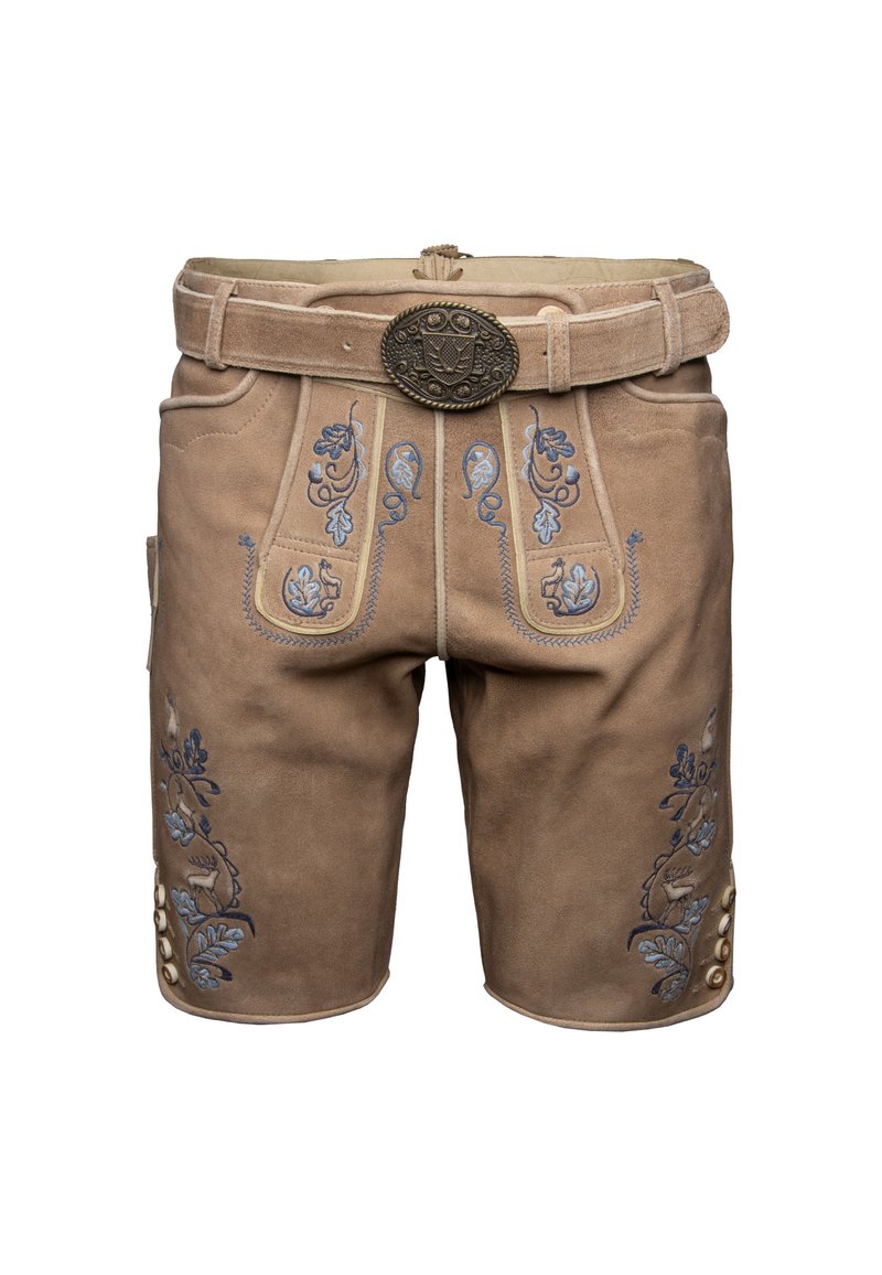 Pantalones cortos de cuero marrón con bordado floral azul, un cinturón decorativo y bolsillos laterales funcionales. Presentan botones en las costuras exteriores de las piernas.