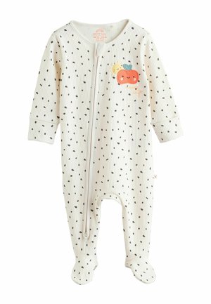 Biele prúžkované zavinovacie body pre bábätká s čiernymi bodkami, so zipsom vpredu, dlhými rukávmi a vyšívaným dizajnom tekvice na hrudi.