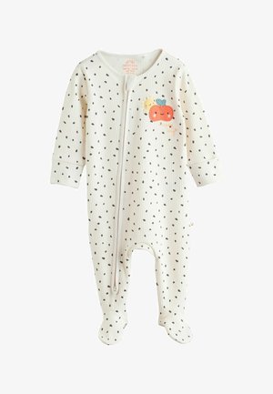 Bijeli prugasti dječji bodi s crnim točkicama, s patentnim zatvaračem sprijeda, dugim rukavima i vezenim motivom bundeve na prsima.