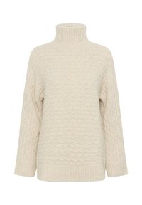 Cremfarbener Pullover mit hohem Kragen und strukturiertem Wellenmuster. Beinhaltet lange Ärmel und einen gerippten Saum, gefertigt aus einem weichen Material.