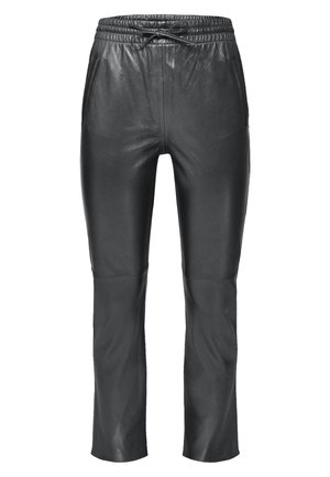 Pantaloni in pelle nera con una comoda vita elastica, dettaglio con coulisse e tasche laterali. Texture liscia con una vestibilità su misura.