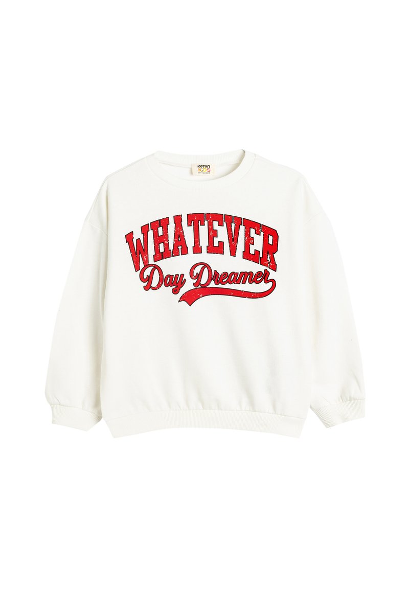 Witte katoenen sweatshirt met ribgebreide manchetten en een zoom. Rode tekst zegt "WHATEVER Day Dreamer" in een vet, versleten lettertype.