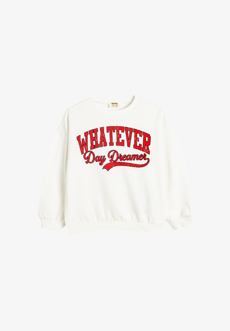 Sudadera blanca de algodón con puños y dobladillo acanalados. El texto rojo dice "WHATEVER Day Dreamer" en una fuente negrita y desgastada.