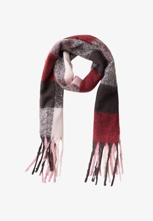 Kariert Schal in Rottönen, Grau und Pink, aus weichem Stoff mit fransigen Kanten, der ein schachbrettartiges Muster aufweist.
