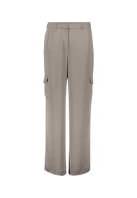 Beige cargobroek met een zachte textuur, wijde pijpen, voorplooien en twee zijzakken. Heeft riemlussen in de taille.