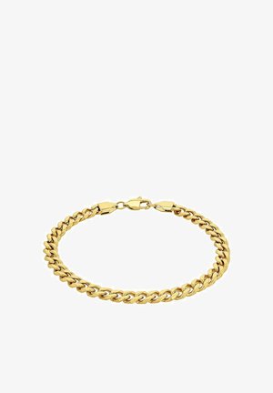 Pulsera de cadena de oro con eslabones entrelazados, acabado pulido y un cierre seguro. Textura suave y apariencia brillante.