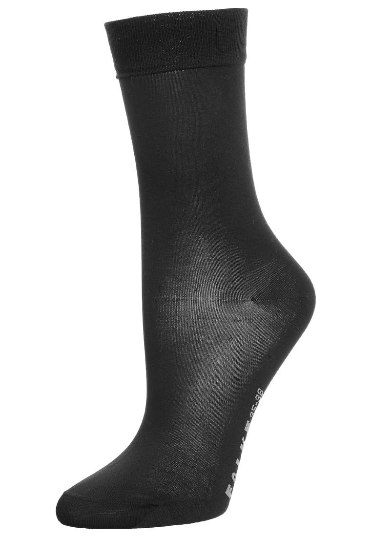 Calzino nero alla caviglia in un tessuto liscio e elastico con una fascia a coste. Presenta una forma aderente con punta e tallone rinforzati, contrassegnati con dettagli sulla taglia.