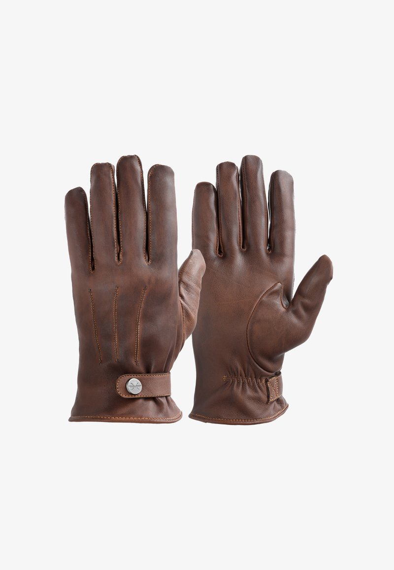 Smeđe kožne rukavice s glatkom teksturom, s gumbom kao ukrasom i dekorativnim šavovima na stražnjoj strani, dizajnirane za udobno prianjanje.